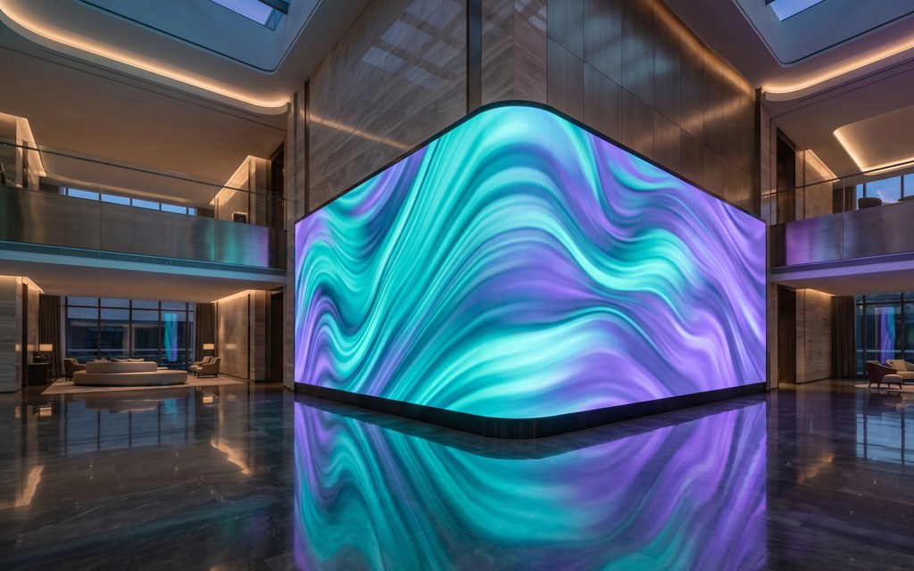 Concept scene: curved custom-shape LED wall wrapping a corner in a hotel atrium