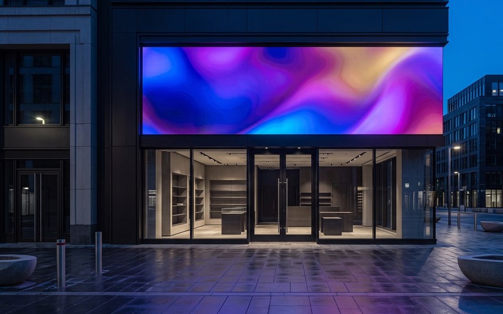 Concept scene: wide LED wall above a storefront on a city plaza at dusk