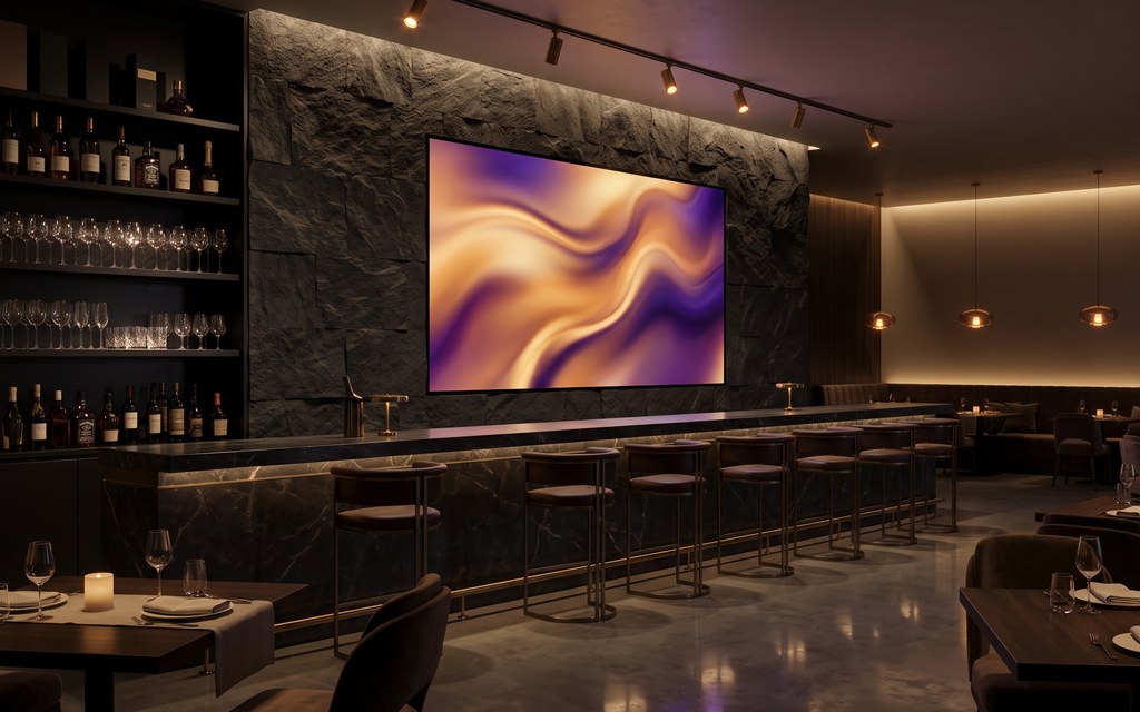 Concept scene: LED video wall on a stone feature wall behind a restaurant bar