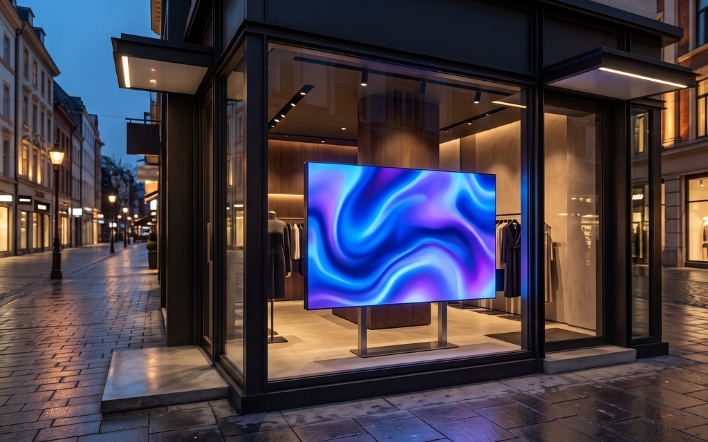 Concept scene: LED display wall glowing in a boutique storefront window at dusk