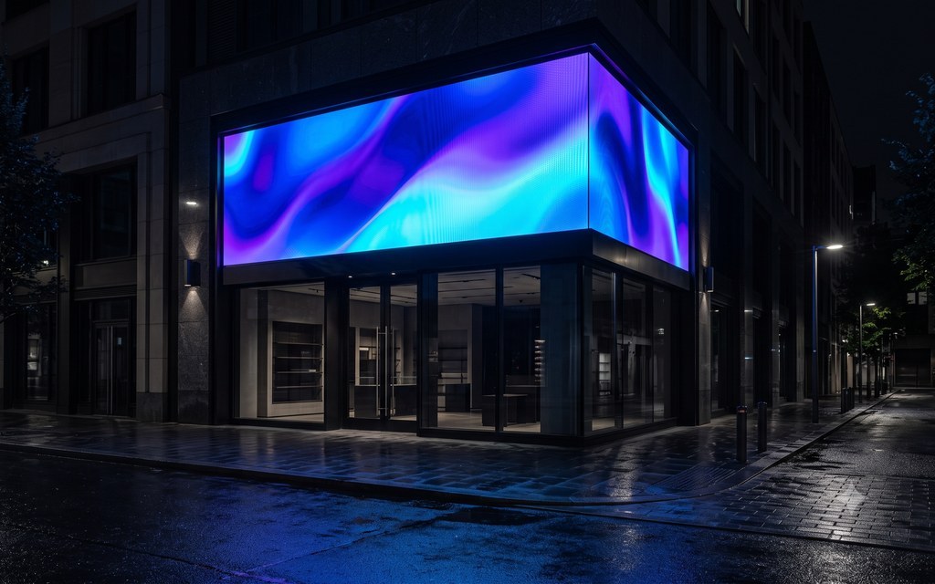 Concept scene: large corner-wrapped LED wall on a building at night